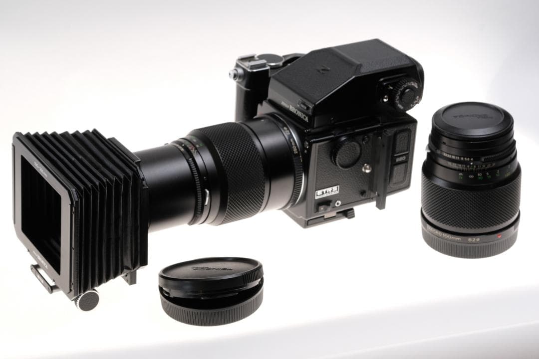 ブロニカ ETRS AE-II 100mmマクロ ＆250mm 蛇腹フード付 ZENZA BRONICA ETRS AE-Ⅱ - フィルムカメラ送料 無料