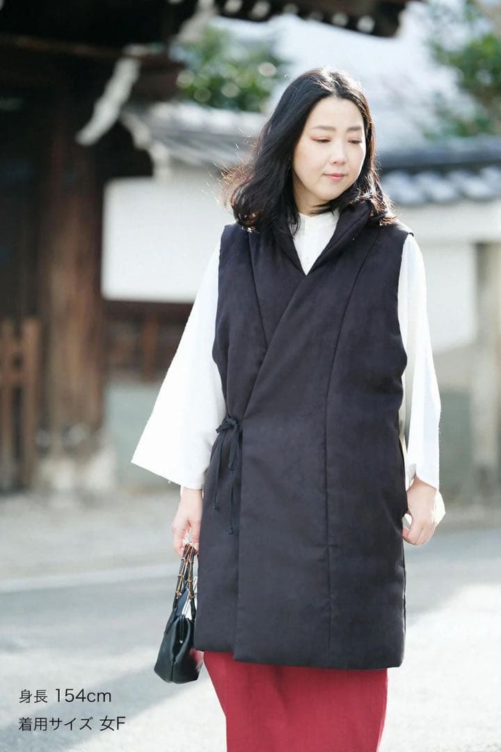 フェイクヌバック 長陣羽織 中綿袷（なかわたあわせ）／濡羽色 女F