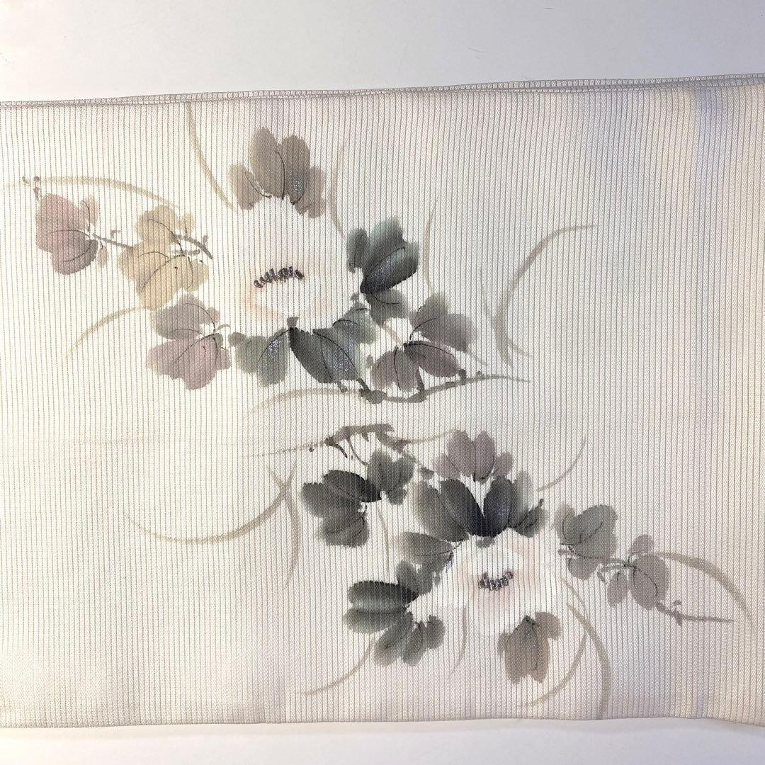 5k897 名古屋帯　絹　夏帯　夏物　絽　落款　旭峯　手書き　蘇州刺繍　白　花柄