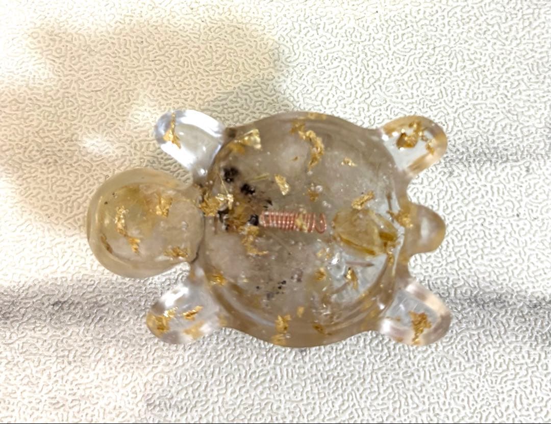 インテリア 金箔入りクリアレジン亀の置物 幸運オルゴナイト ルチル