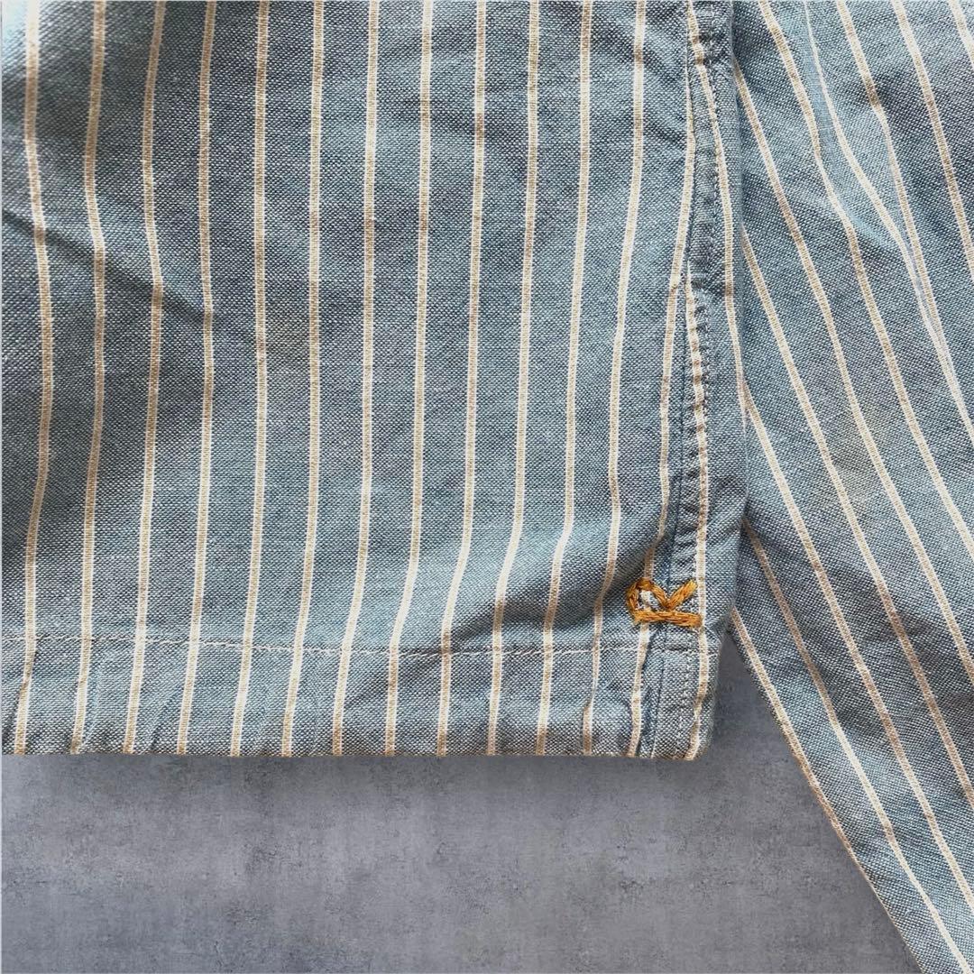 45R インディゴ ストライプ ドロスト バンドカラー ロゴ刺繍 羽織り