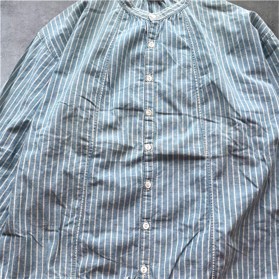 45R インディゴ ストライプ ドロスト バンドカラー ロゴ刺繍 羽織り