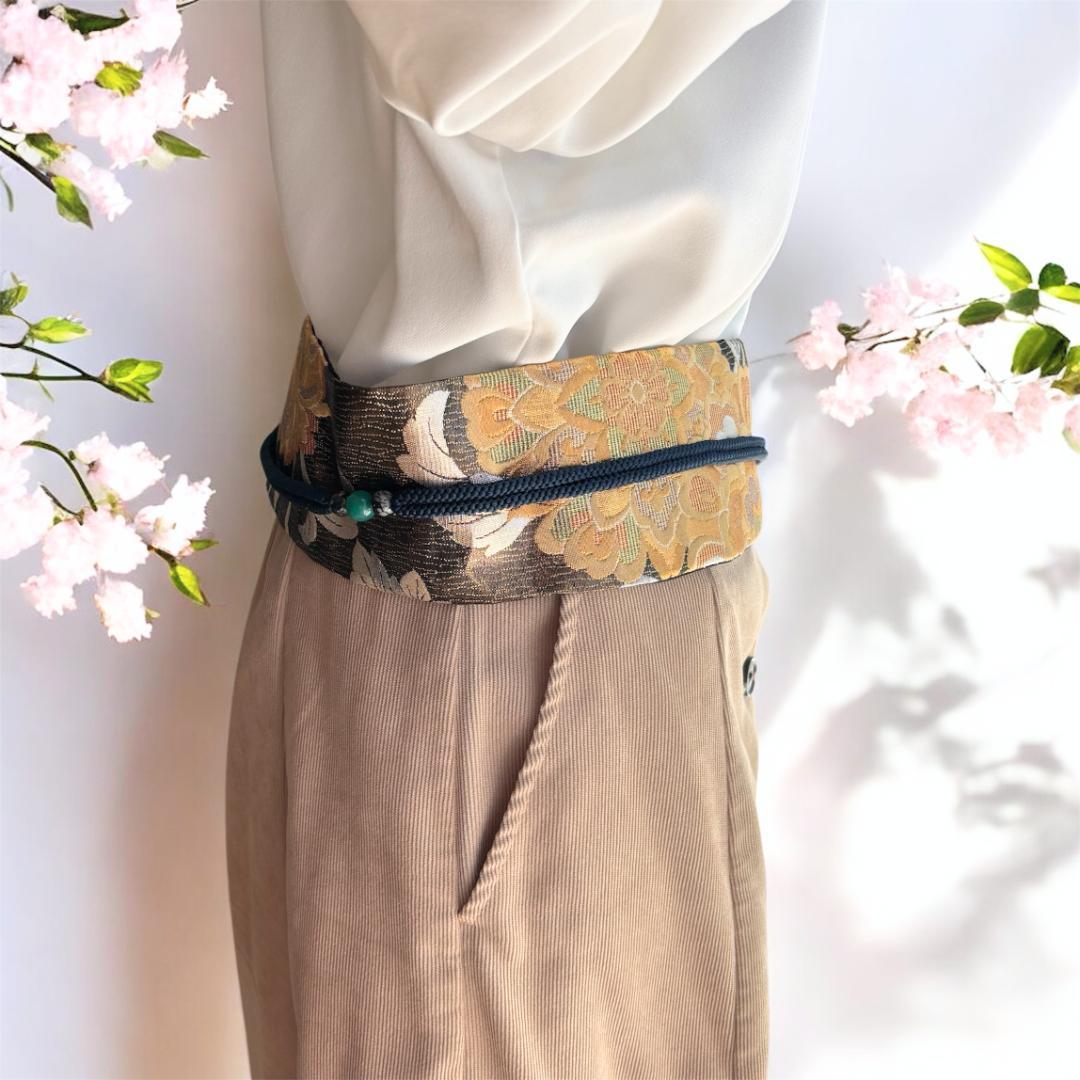 クロスサッシュベルト ロング＊帯締め一体型｜袋帯リメイク 華文 金 黒