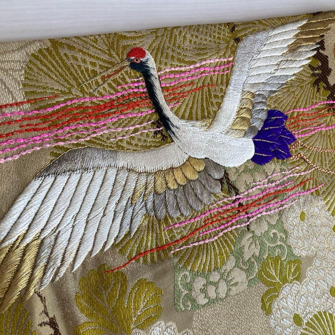 アンティーク名古屋帯　鶴の刺繍　金駒刺繍　上質　正絹　No.2-24