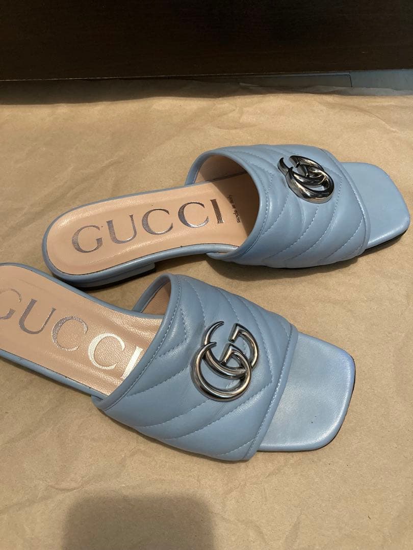 GUCCI ブルーGGロゴ スライドサンダル グッチ 裏張り済み - メルカリ