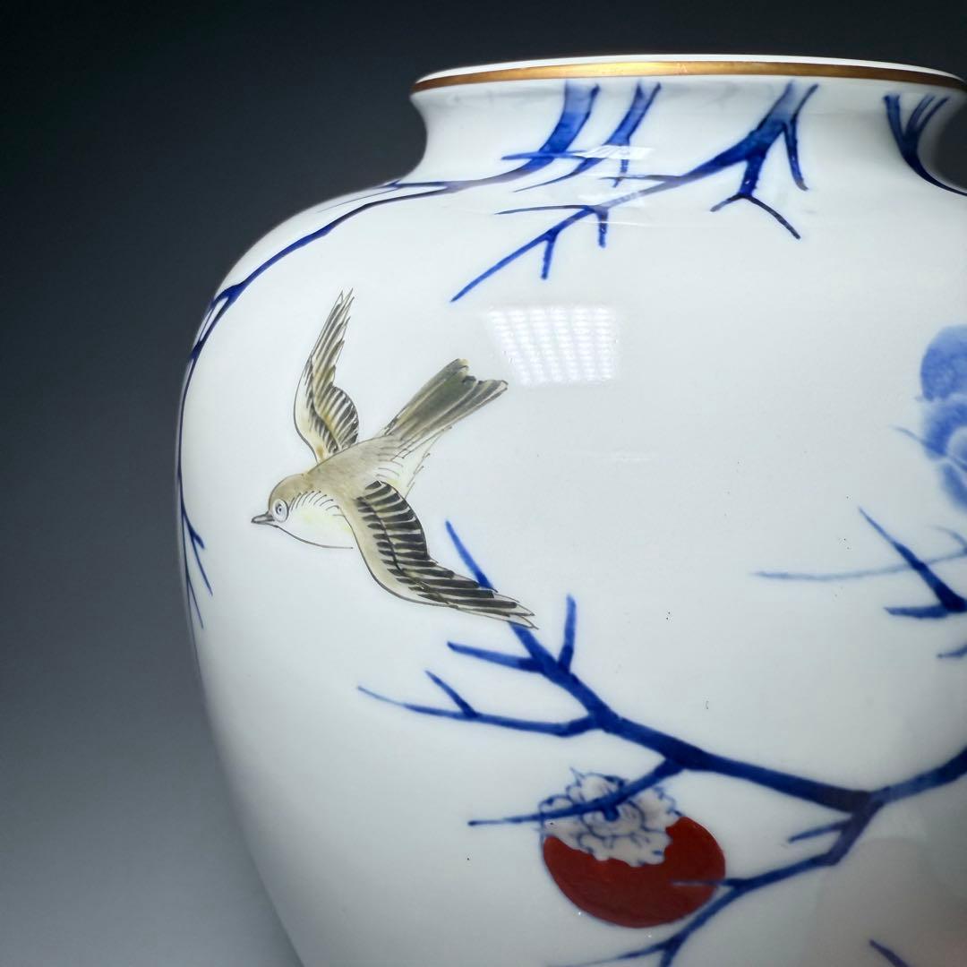 オールド深川製磁 錦手 柿鳥図花瓶 高さ24cm オブジェ インテリア