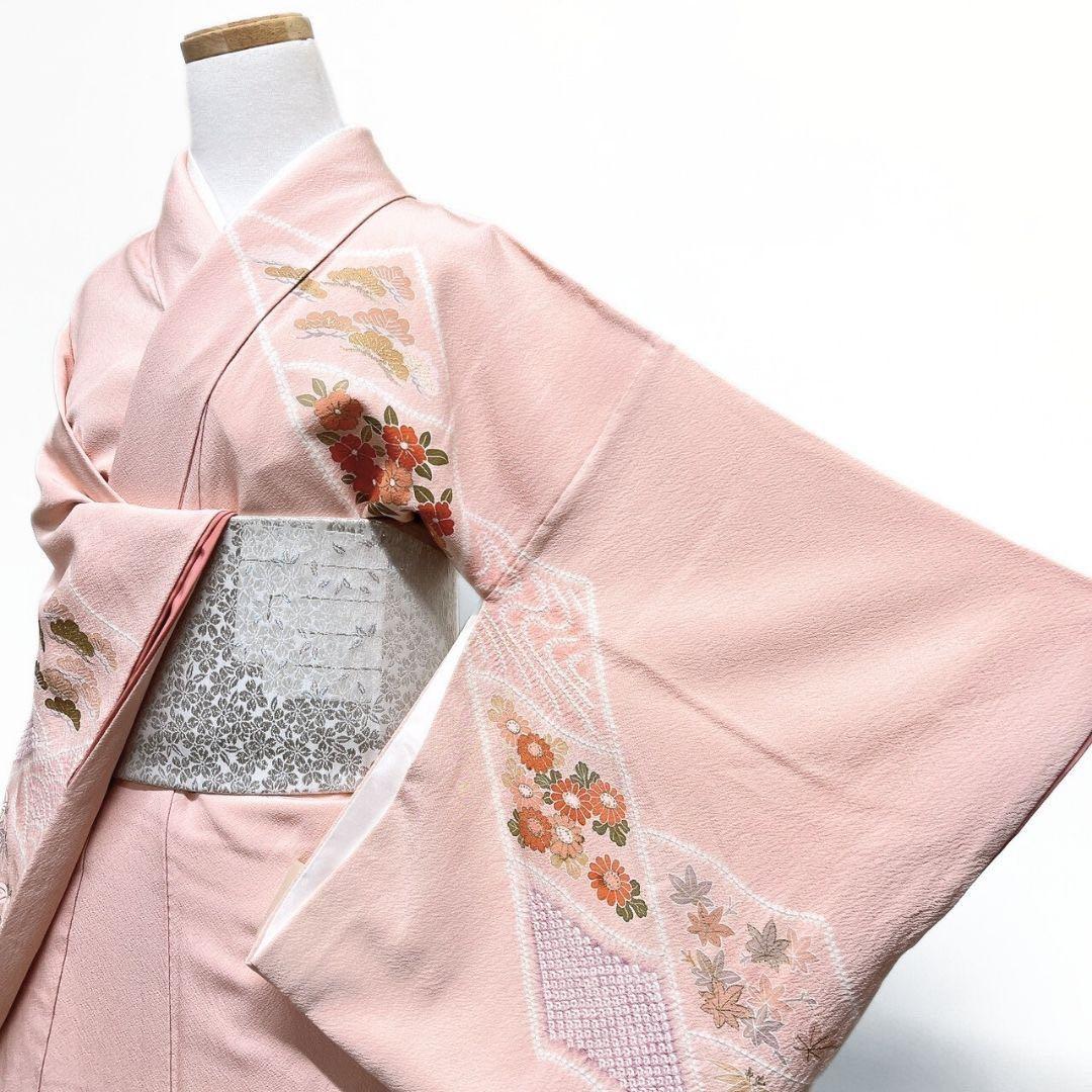 D169 訪問着 絞り 金駒刺繍 葉っぱ 正絹 着物 袷 極美品 高級 訪問着