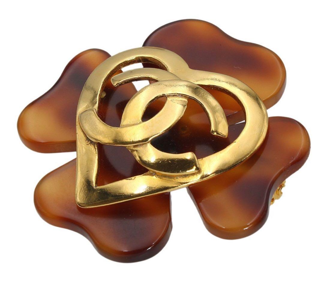 E2307 美品!! シャネル ハート ココマークべっ甲柄 クローバーブローチ