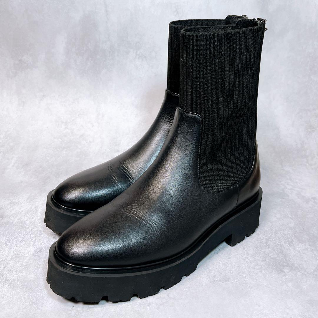 ☆美品☆【銀座かねまつ】アクアベルリブニットショートブーツ (24) 厚底　黒 ☆美品☆【銀座かねまつ】アクアベルリブニットショートブーツ (24