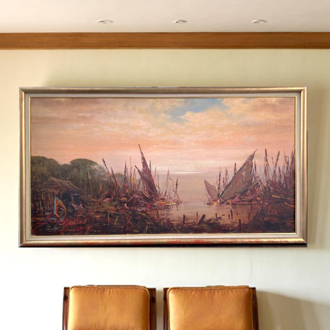 スジョノ・アブドゥラ 『漁船』1977年油彩画 136×72cm 直筆署名額付 スジョノ・アブドゥラ 『漁船』1977年油彩画 136×72cm 直筆署名額付