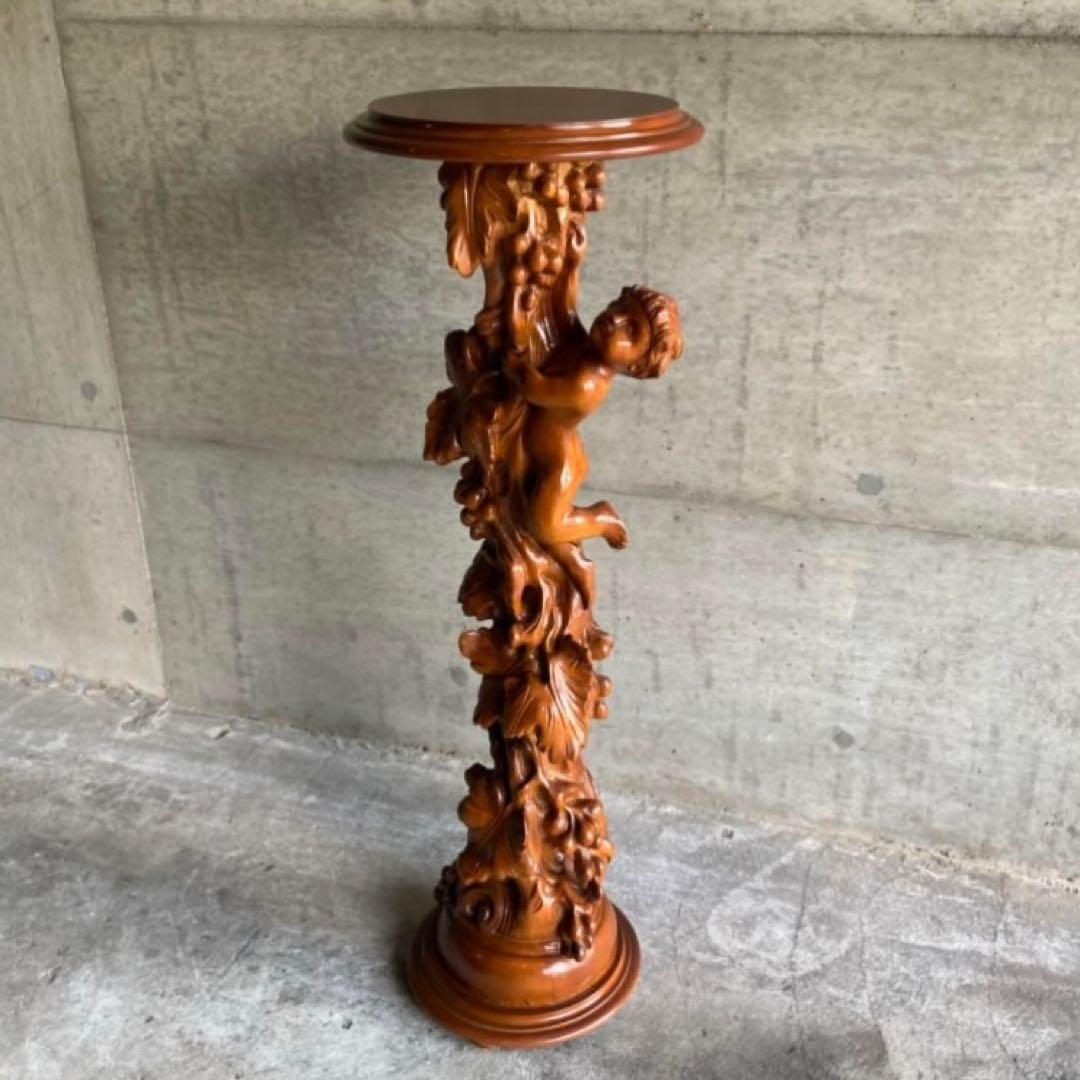 飾り台 花台 スタンド テーブル 大型 木製 木彫り 彫刻 天使 リーフ レトロ 花台 木製 フラワースタンド 玄関 室内 屋内 天然木 無垢材 サイド