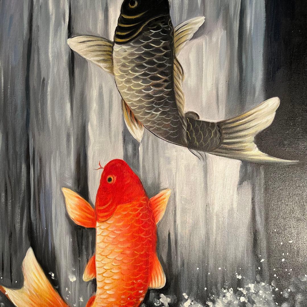 大型）手書き油絵 鯉の滝登り 肉筆絵画 インテリア 油彩画