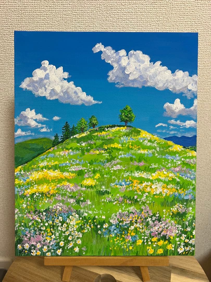 風景画 青空と花畑のアクリル画 油絵 アクリル絵の具 水彩画 原画