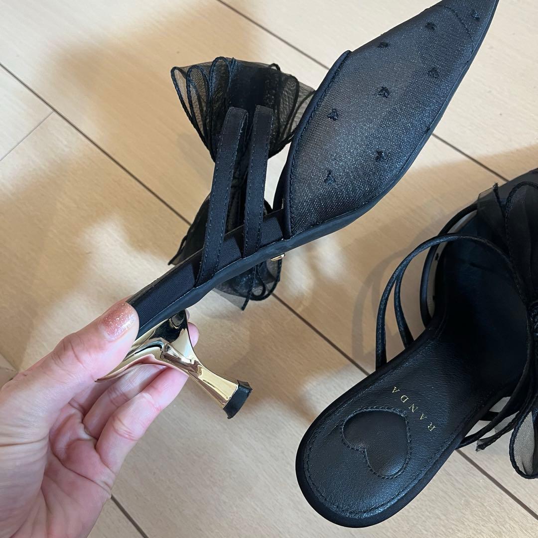 RANDA シフォンリボンハートミュールパンプス 25.5cm ブラック ランダ