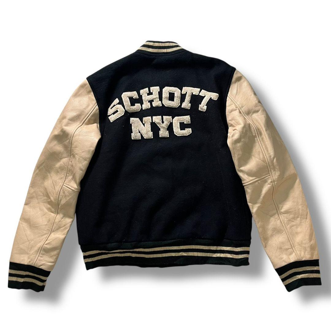 90s schott 袖革 スタジャン ウール バックロゴ ヴィンテージ 古着 古着 90年代 ショット SCHOTT 中綿入り 袖革ウールボタンスタジャン