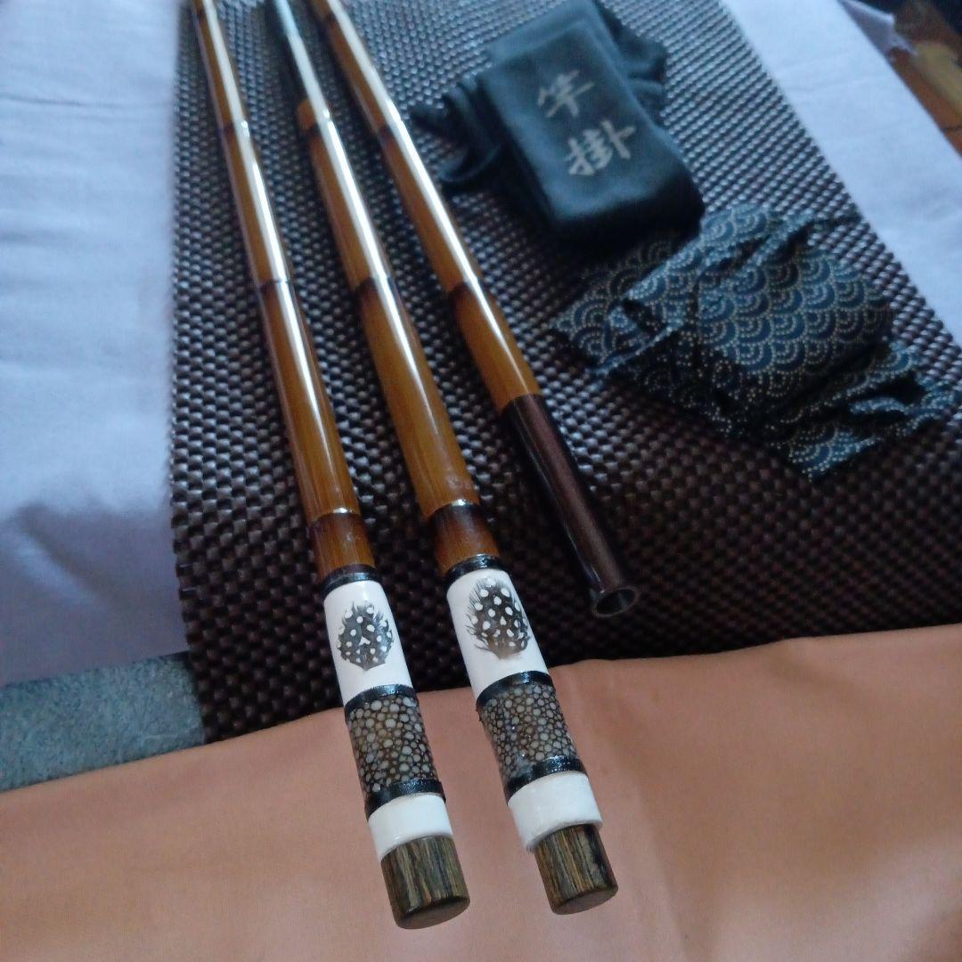 かちどき2本物竿掛カスタム鮫皮＆羽根飾り・へら竿・へら鮒ヘラブナ竿