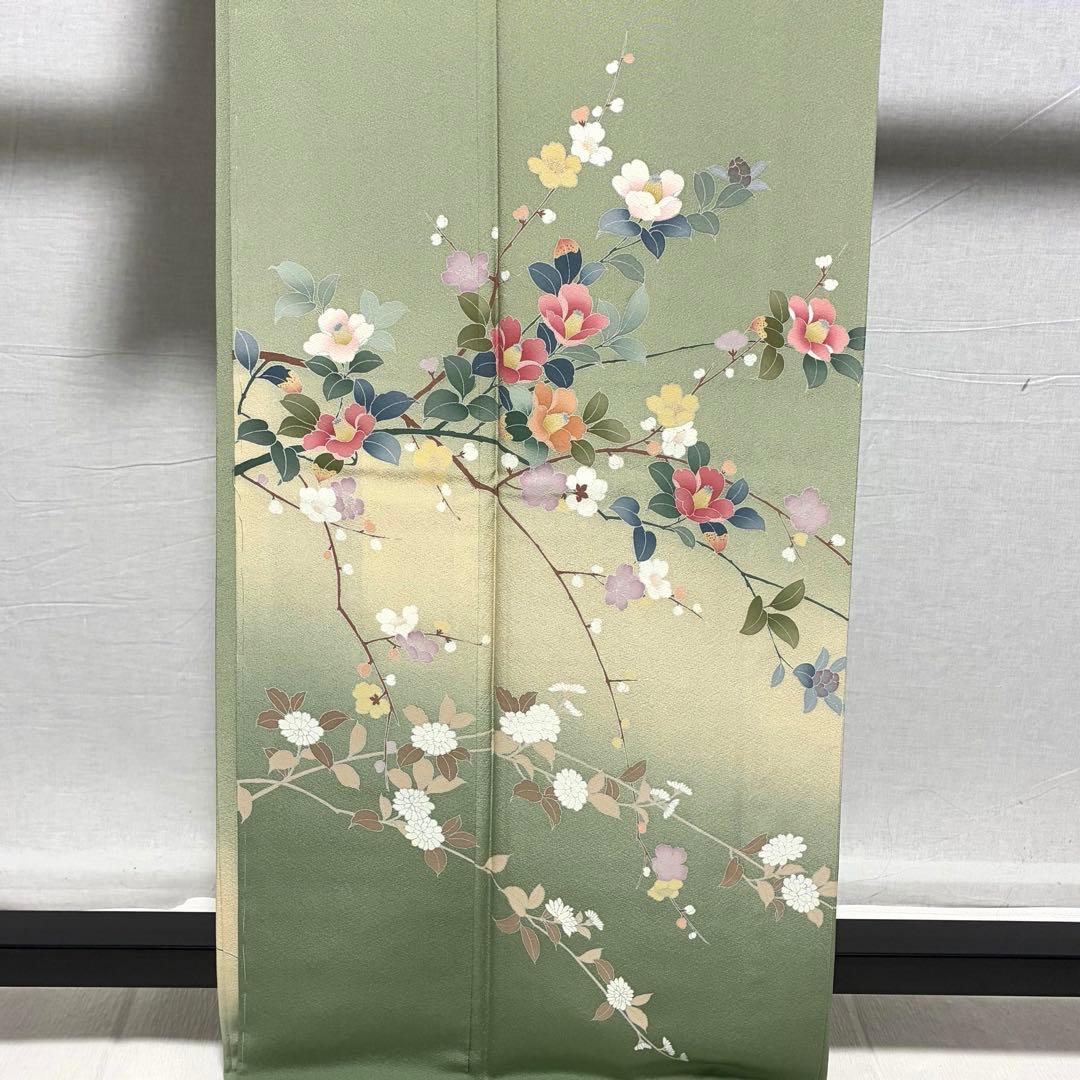 D311 訪問着 手描き友禅 花模様 正絹 着物 袷 しつけ糸付き未使用極美