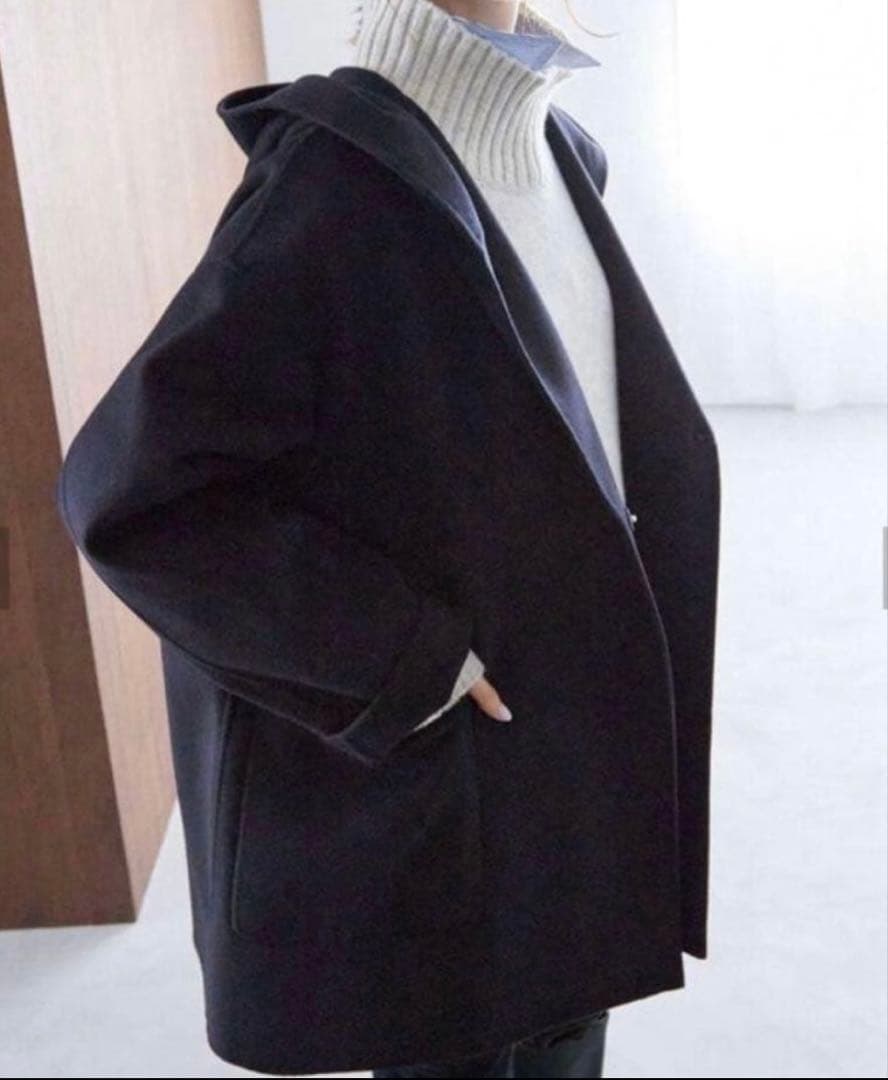 ハミルトンダブルフェイスフードリバーコート　36ネイビー スローブイエナ ハミルトンダブルフェイスフードコート ウールリバー