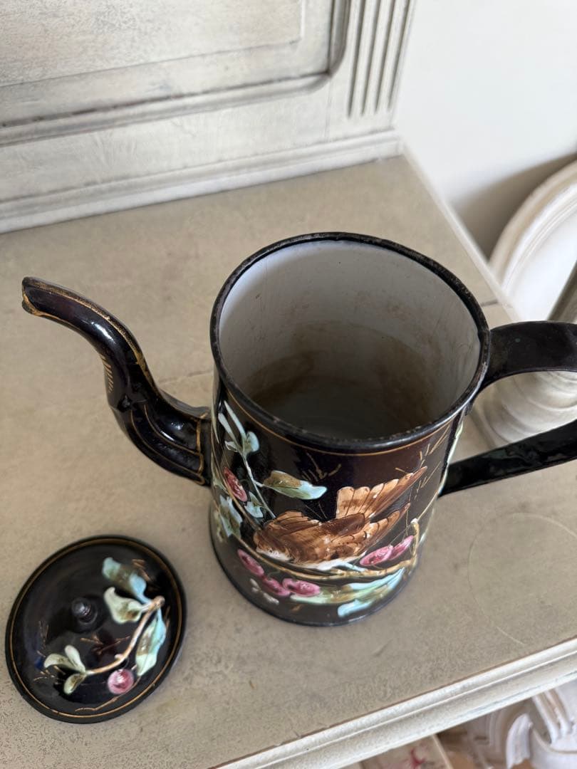 激レアフランスアンティークホーロー黒小鳥とベリー柄バンドペイントの