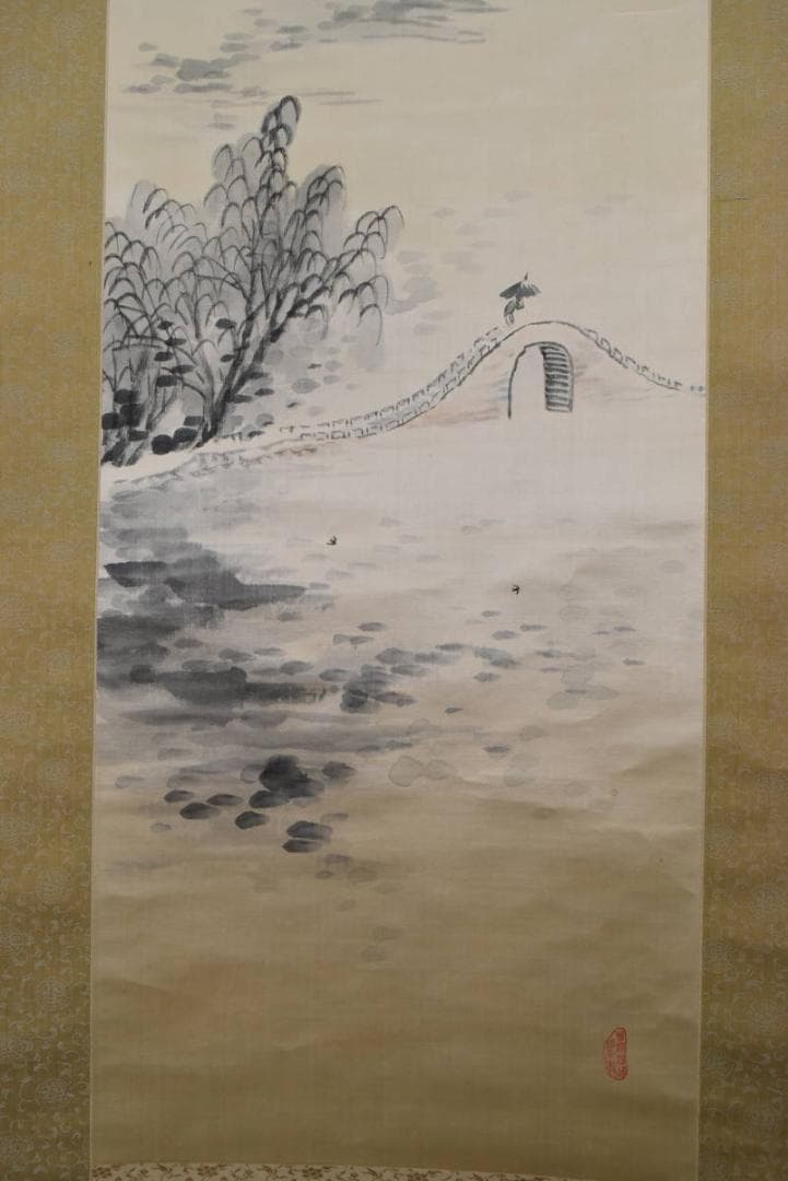 真作】福田浩湖/西湖暁雨/中国山水図/山水人物図/掛軸/名家伝来/AA-573