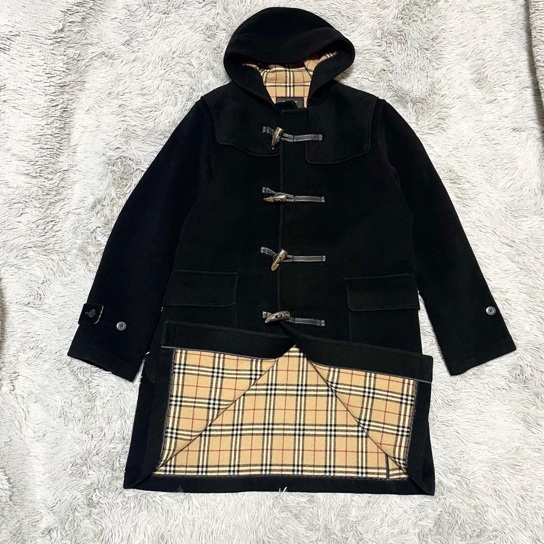 バーバリーブラックレーベル ダッフルコート ロング ノバチェック ブラック L 美品 BURBERRY BLACK LABEL ダッフルコート チェック 赤 バーバリー
