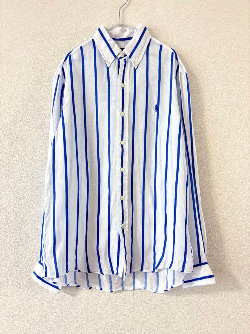 ラルフローレン ストライプ リネン シャツ ブルー ホワイト S 170