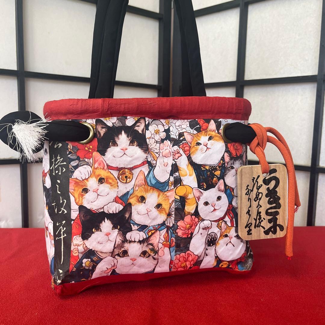 猫がいっぱい！ 一閑張り バッグ かごバッグ ハンドバッグ 和猫 茶トラ 小さめ compass1726718402.jpg
