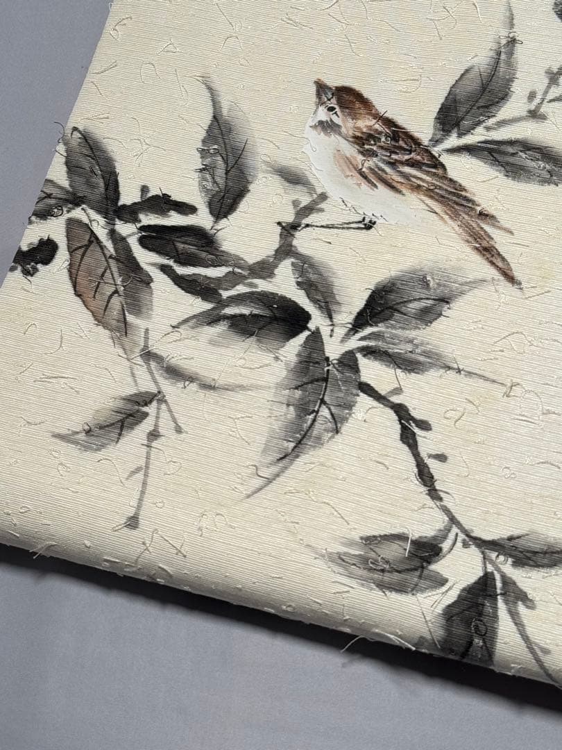 美品] 髭紬 名古屋帯 正絹 お太鼓柄 雀 白練色 洒落帯 小紋 紬 無地