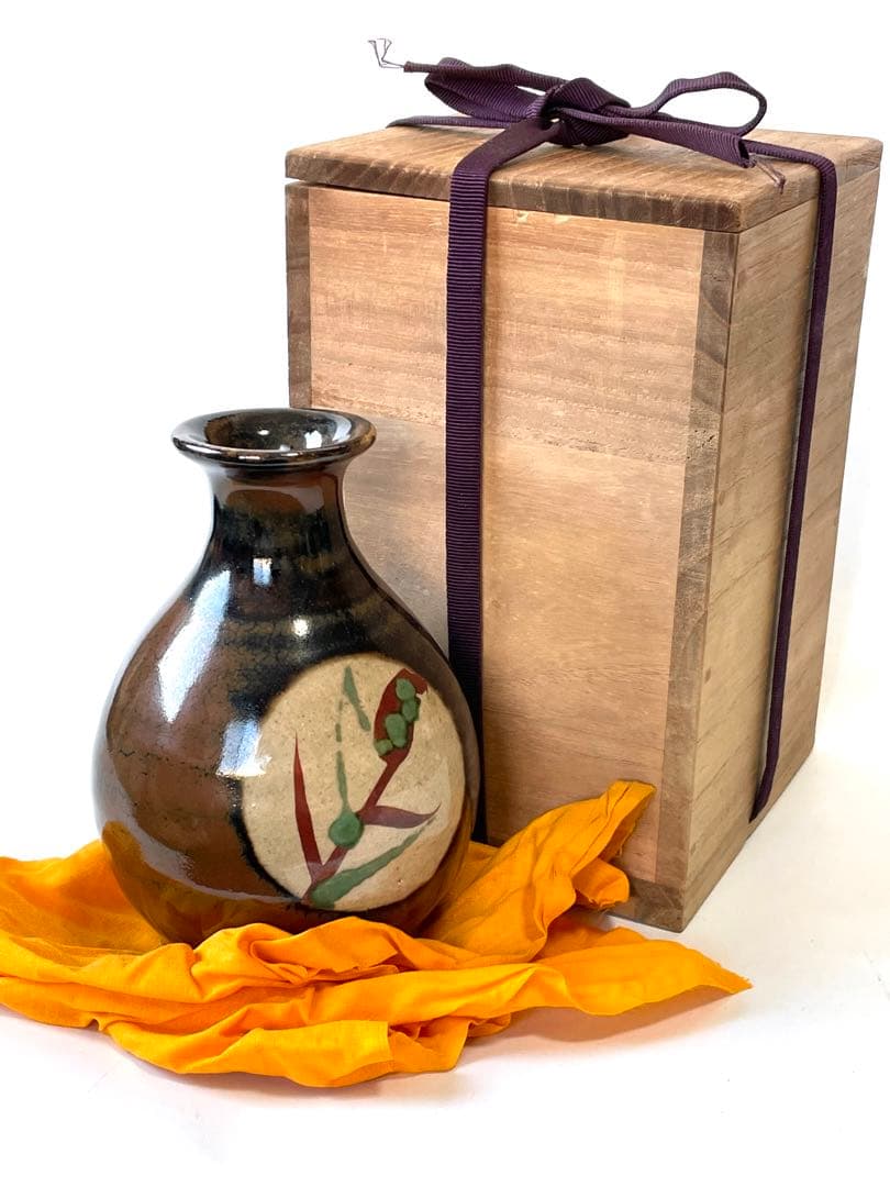 人間国宝 陶芸家 濱田庄司 浜田庄司 柿釉 トウキビ文 赤絵 徳利 共箱