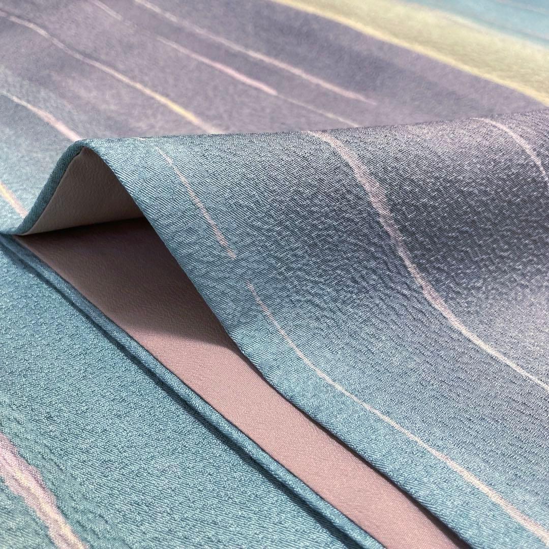 美品✨】東レシルック 洗える着物 小紋 変わり縞 ぼかし染め 青緑 灰茶