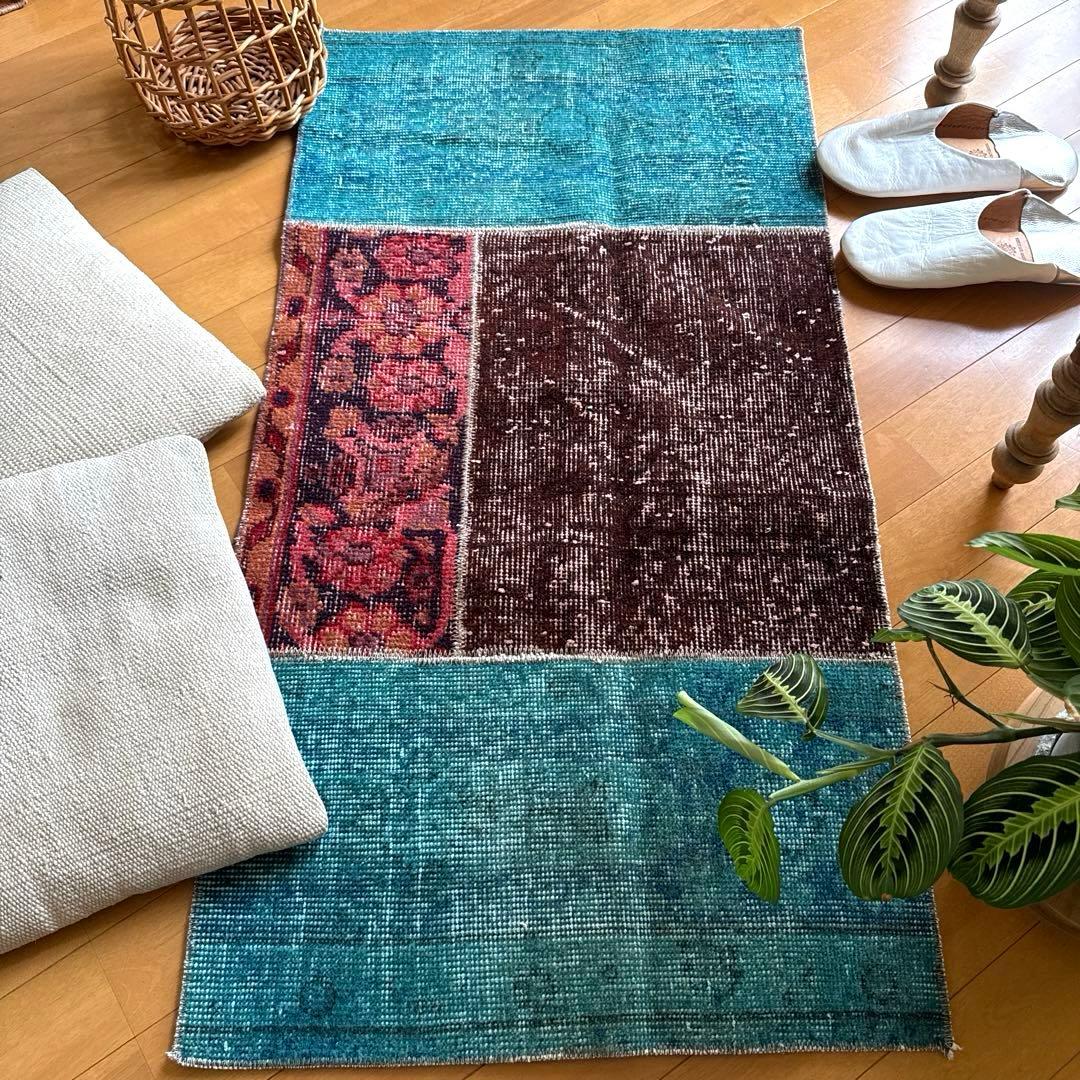 55×103 神秘的ブルー×ブラウン×ボタニカル　トルコヴィンテージラグ 55×103 神秘的ブルー×ブラウン×ボタニカル トルコヴィンテージラグ