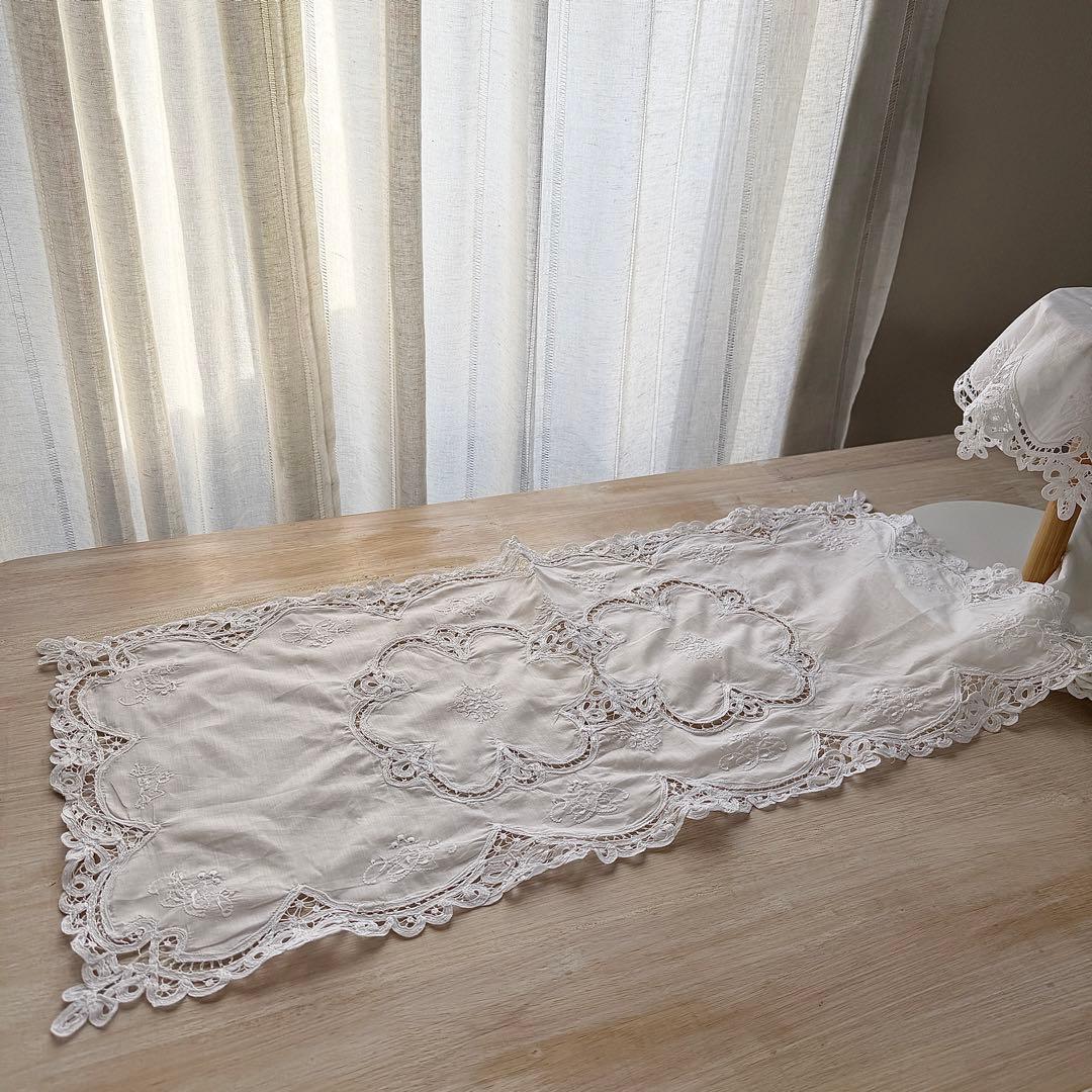ヴィンテージバテンレース ドイリー ホワイト刺繍レーステーブルクロス