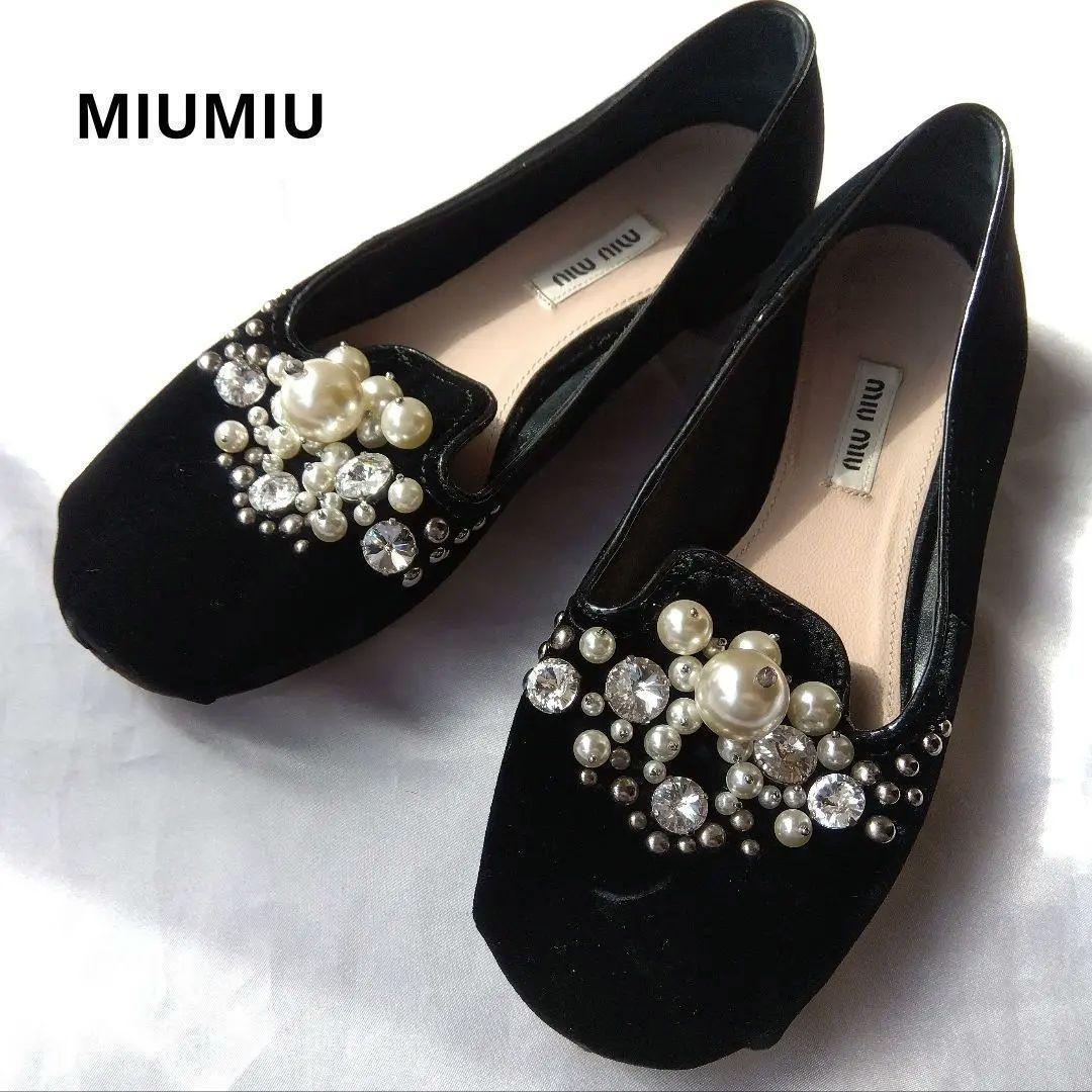 ミュウミュウ　MIUMIU　ビジューベロア　フラットシューズ　37.5 MIUMIU ミュウミュウ スリッパ ロゴ ベルベット フラットシューズ
