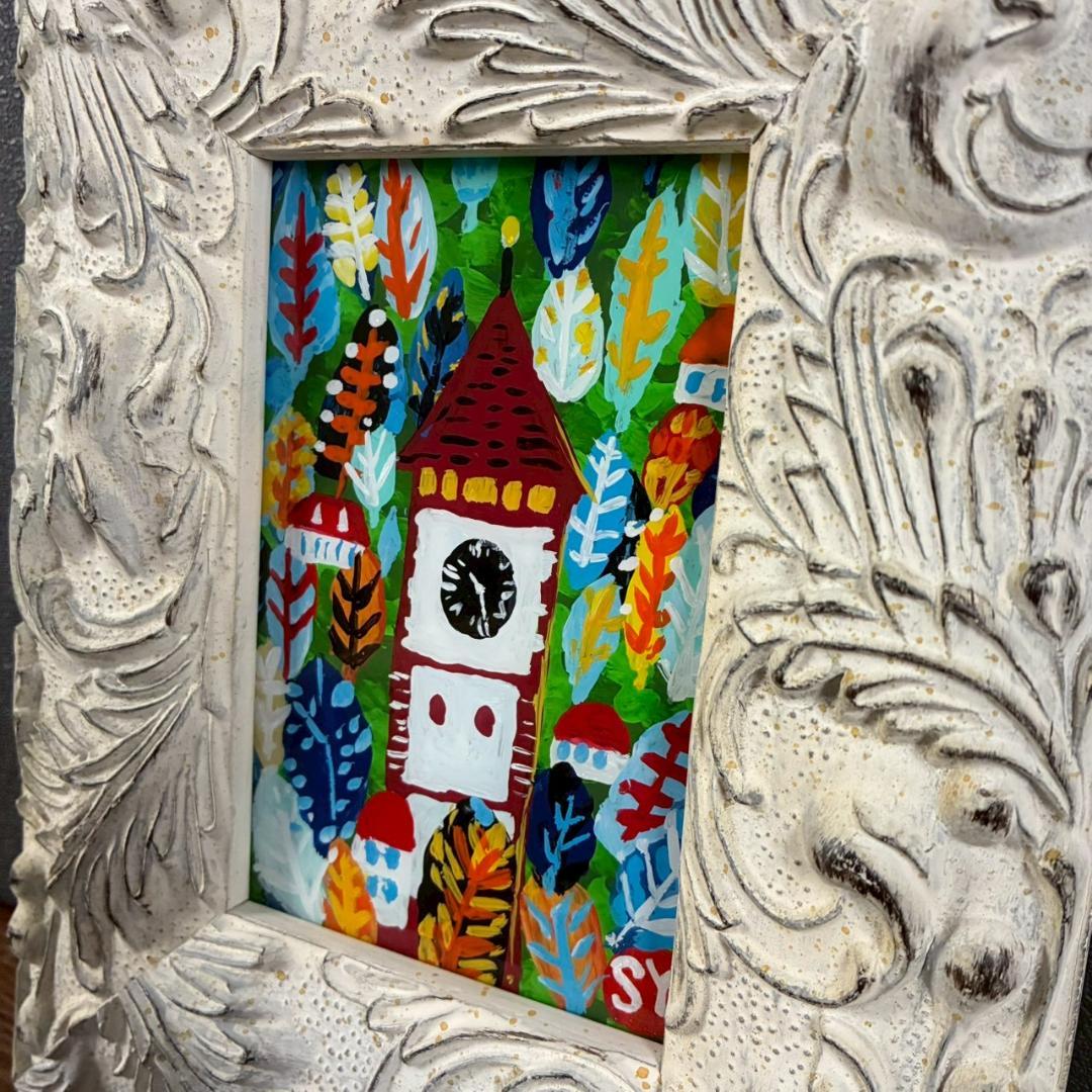 柚木沙弥郎「時計台の森」ガラス絵 肉筆 直筆サイン入 共シール 民藝