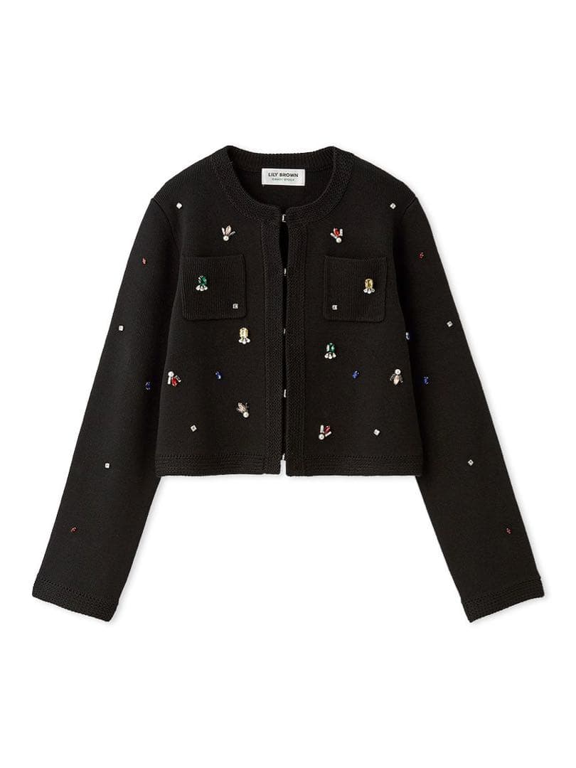 LILY BROWN マルチビジューノーカラーニットジャケット - メルカリ