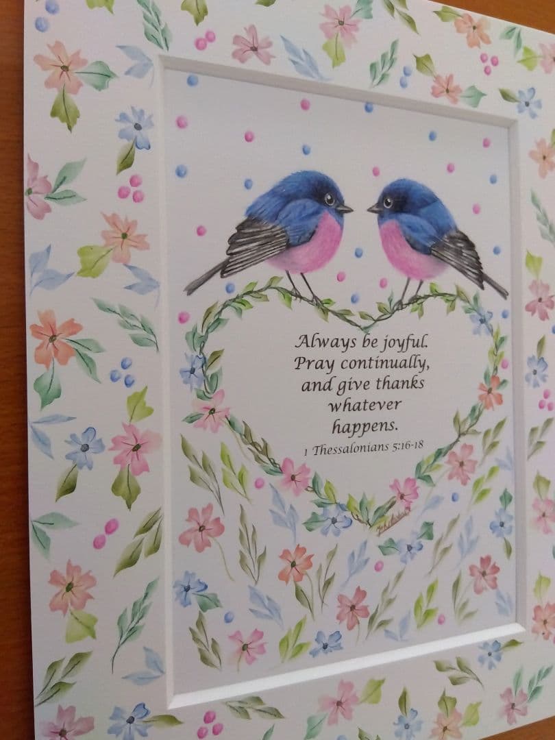 小鳥と花のフレームアート原画：ピンクロビン『いつも心に喜びを