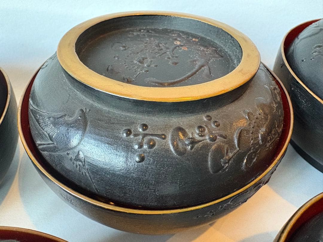 明治 大正期 会津塗 鉄錆塗 蒔絵 富士山 木製 蓋付き お椀 梅鶯