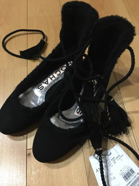 rochas 35 レースアップバレエシューズ 新品❤︎ リボン レースアップ バレエシューズ （ブラック サテン） -Emma