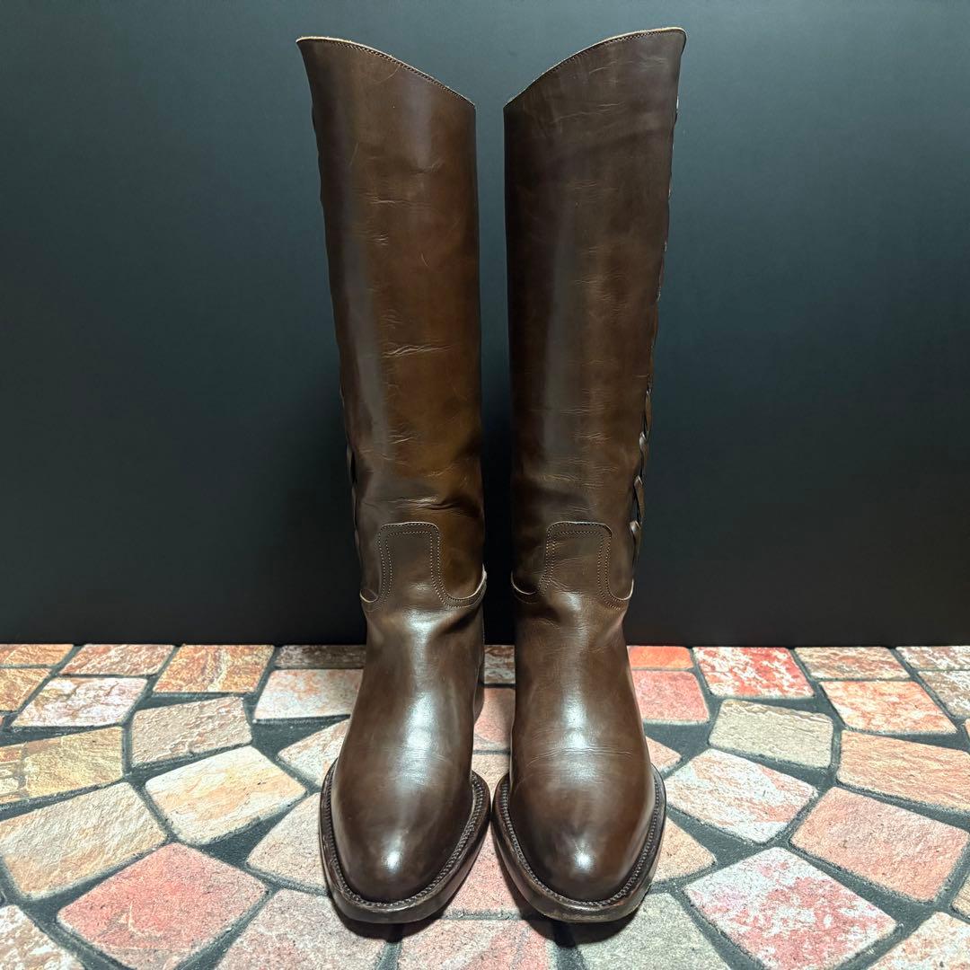 サルトル　ジョッキーブーツ　ロングブーツ 編み飾り　ベルト　本革　22.5cm