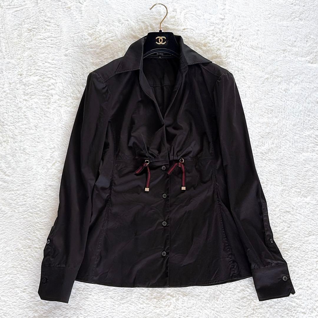 美品✨希少【グッチ】シェリーラインリボン付き長袖シャツ ロゴ刻印