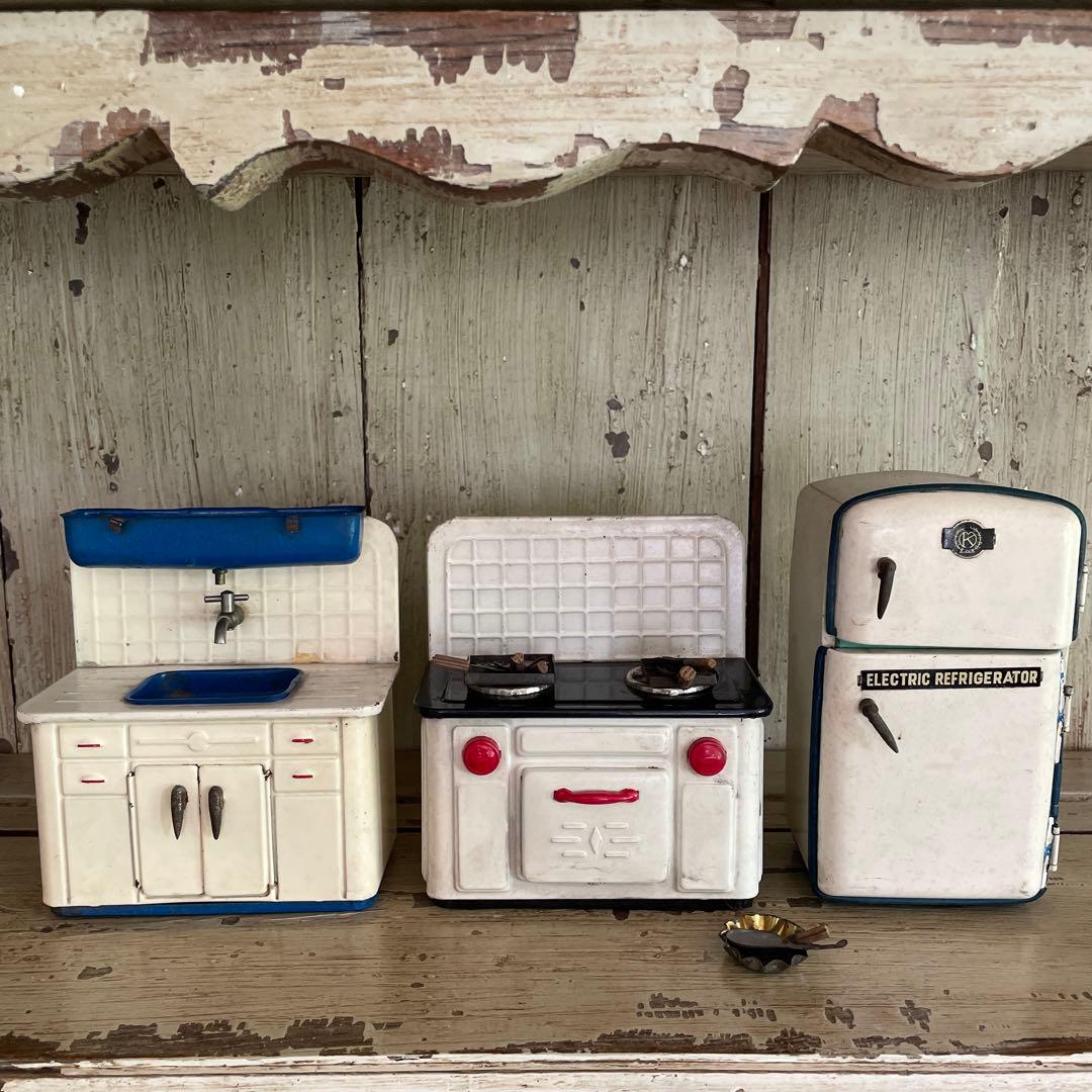 アンティーク　ブリキままごとキッチン 1940s〜1960s ブリキ製おもちゃのキッチン3点セット | ブリキの