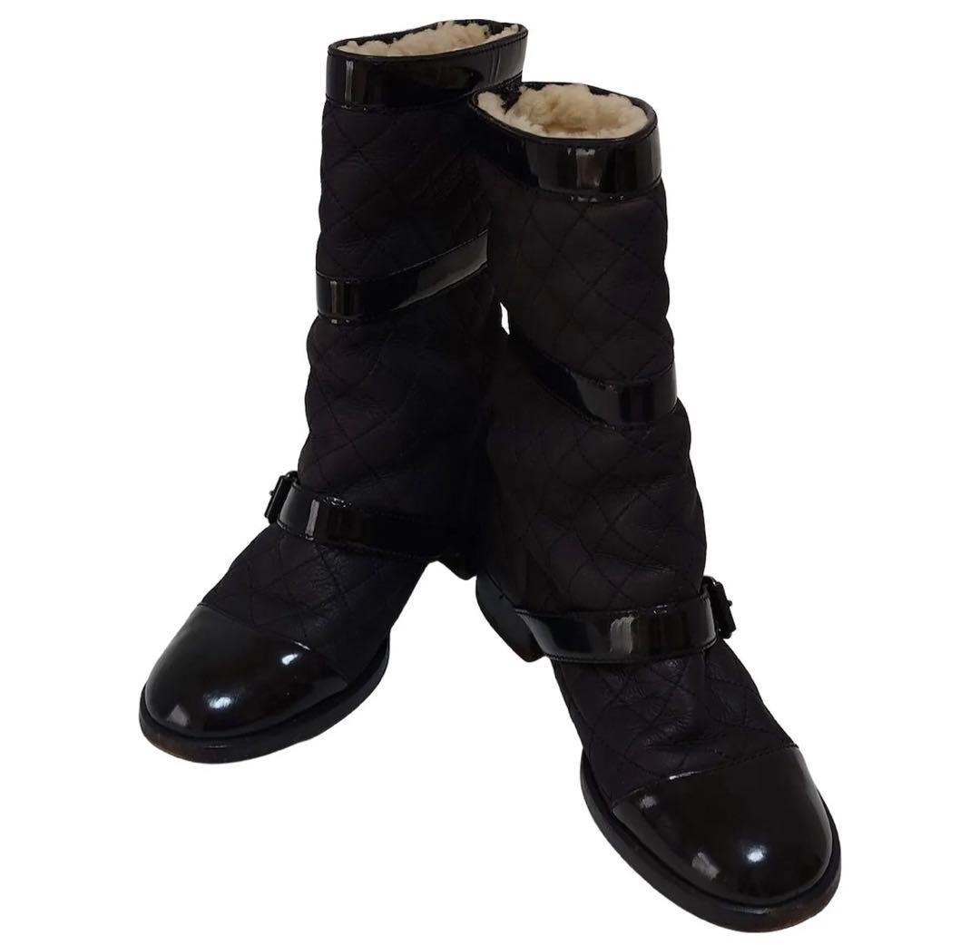 CHANEL キルティングショートブーツ 37 C CHANEL シャネル ショートブーツ カーフ パテントレザー ブラック #37