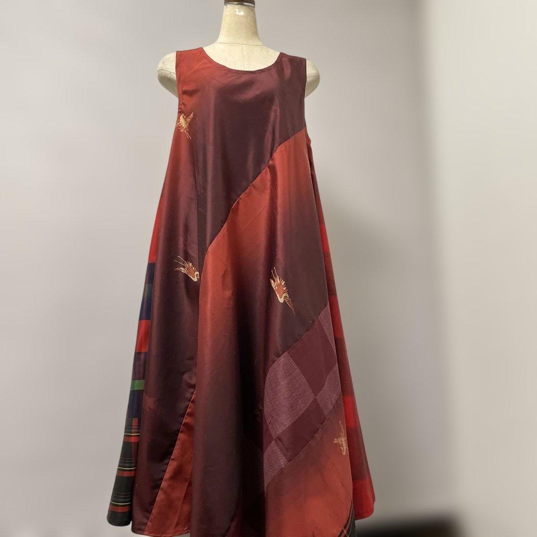 着物ワンピーステントラインマキシ丈《14》紬や大島紬等《7マルキ含む》M〜L