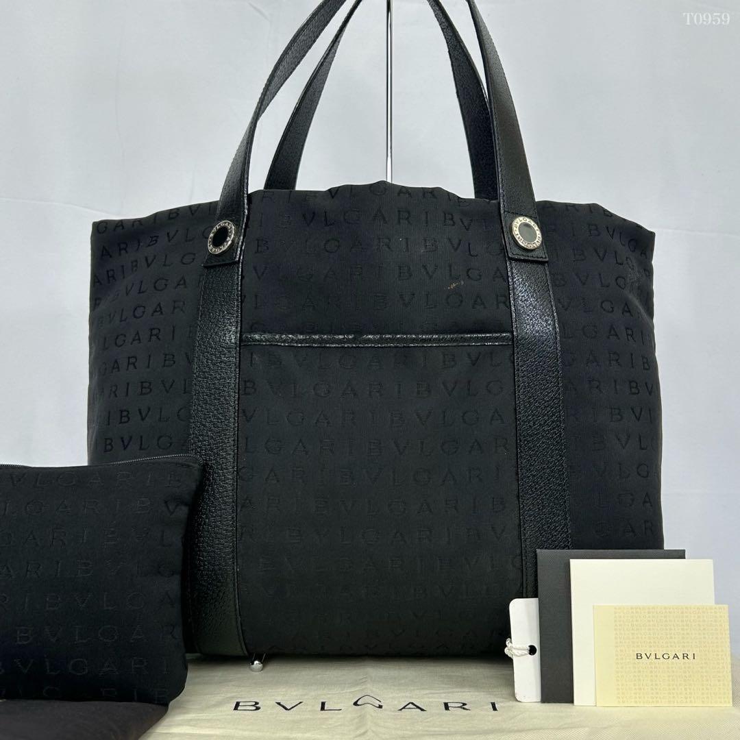 【美品/付属品完備】ブルガリ トートバッグ サークルロゴ ポーチ付 黒 A4可 BVLGARI ブルガリ トートバッグ ロゴマニア キャンバス ブラック