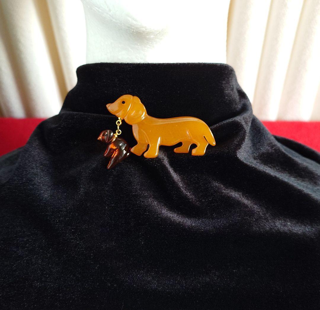 ヴィンテージ ブローチ バルト海琥珀 アンバー2種 ダックスフンド 親子