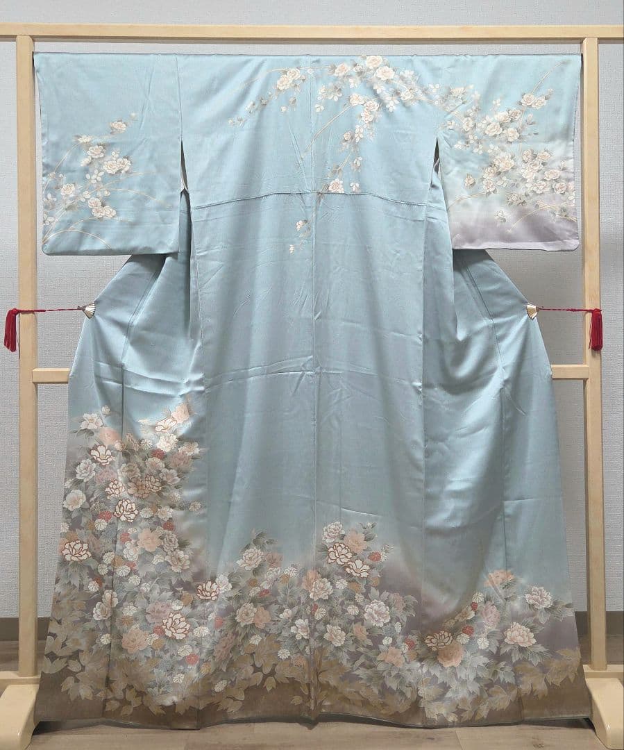 C◆着物くつろぎ 京友禅 金彩 金駒刺繍 水色 椿 牡丹 袷 正絹 訪問着 着物 京友禅 刺繍 金彩 唐花 訪問着 袷 正絹 黒 紫 グレー 1168 | kimono Re