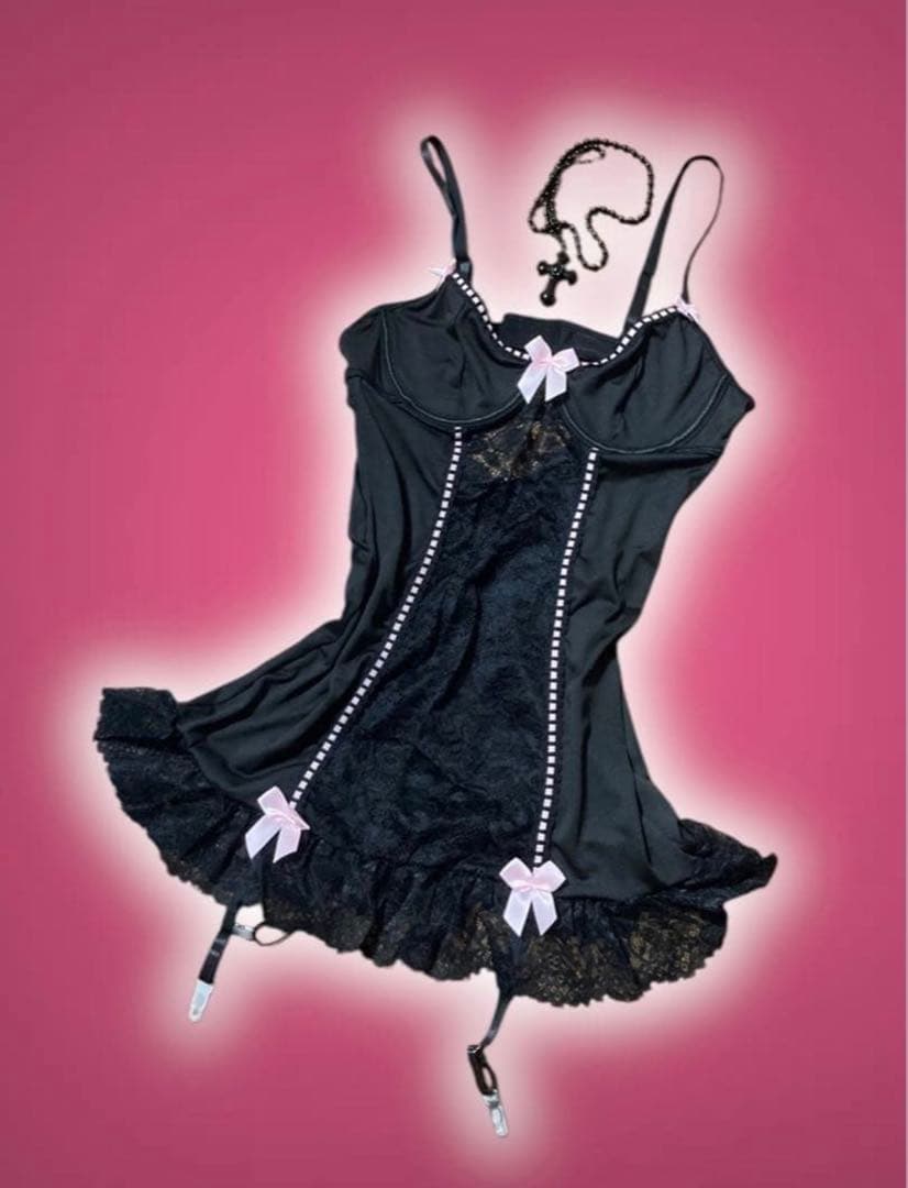 レア00s桃リボン小悪魔姫ギャルレースランジェリーミニワンピ