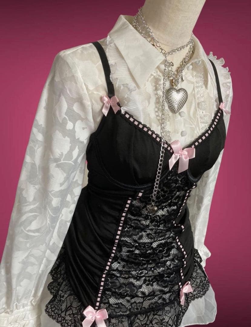 レア00s桃リボン小悪魔姫ギャルレースランジェリーミニワンピ