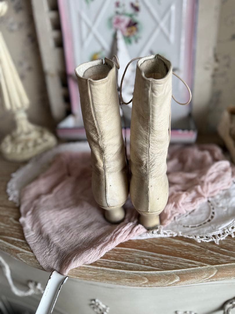 フランスアンティークヴィクトリアンレースアップウェディングレザー