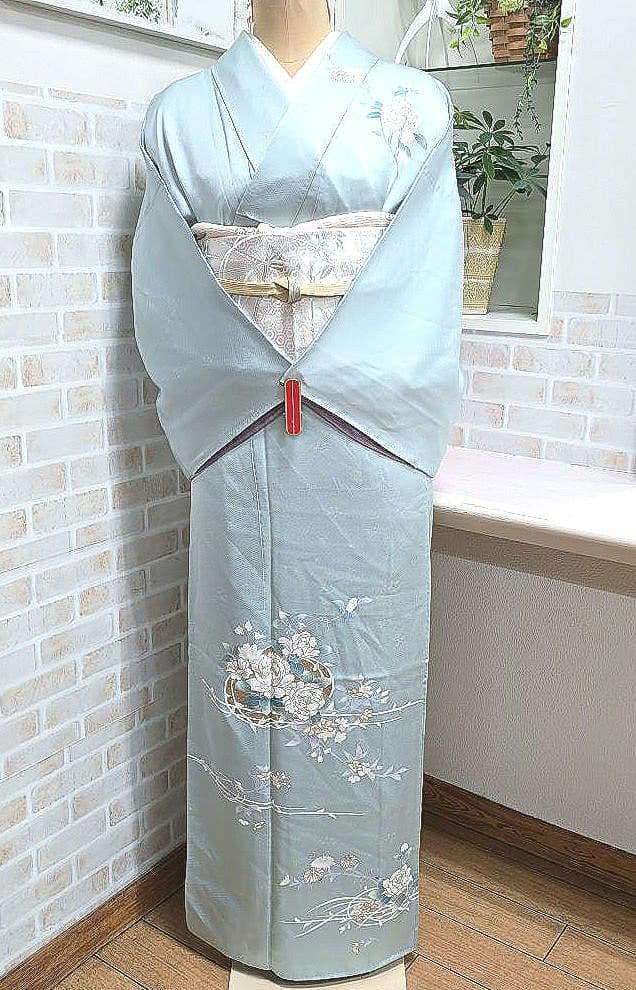 水色花の丸訪問着と袋帯・帯揚げ帯締めの4点フルセット H.L（アッシュ・エル） 訪問着 フルセット 18点 洗える 着物 帯 長襦袢